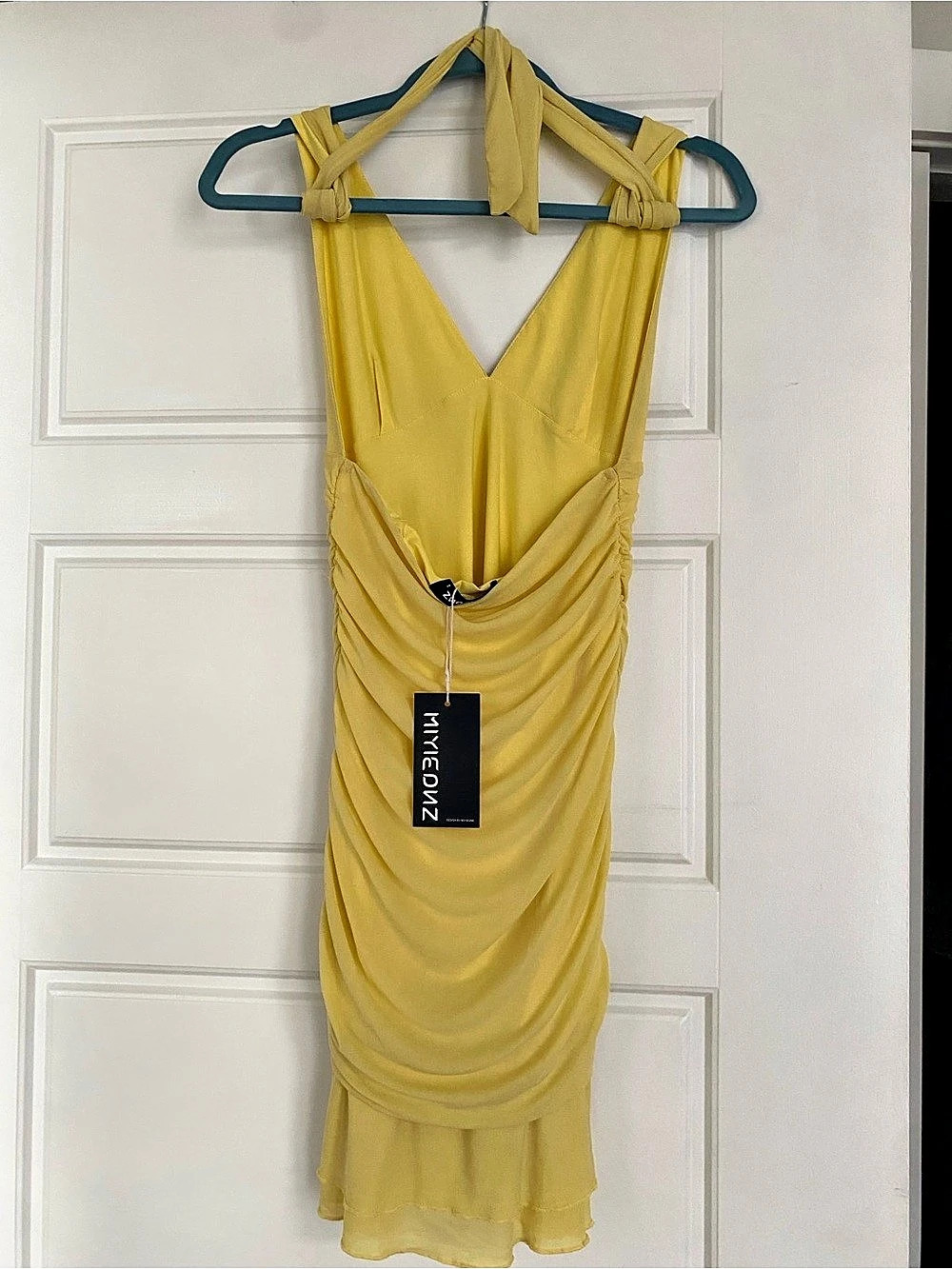 MIYIEONZ Summer Halter Ruched Mini Dress in Yellow Size Small